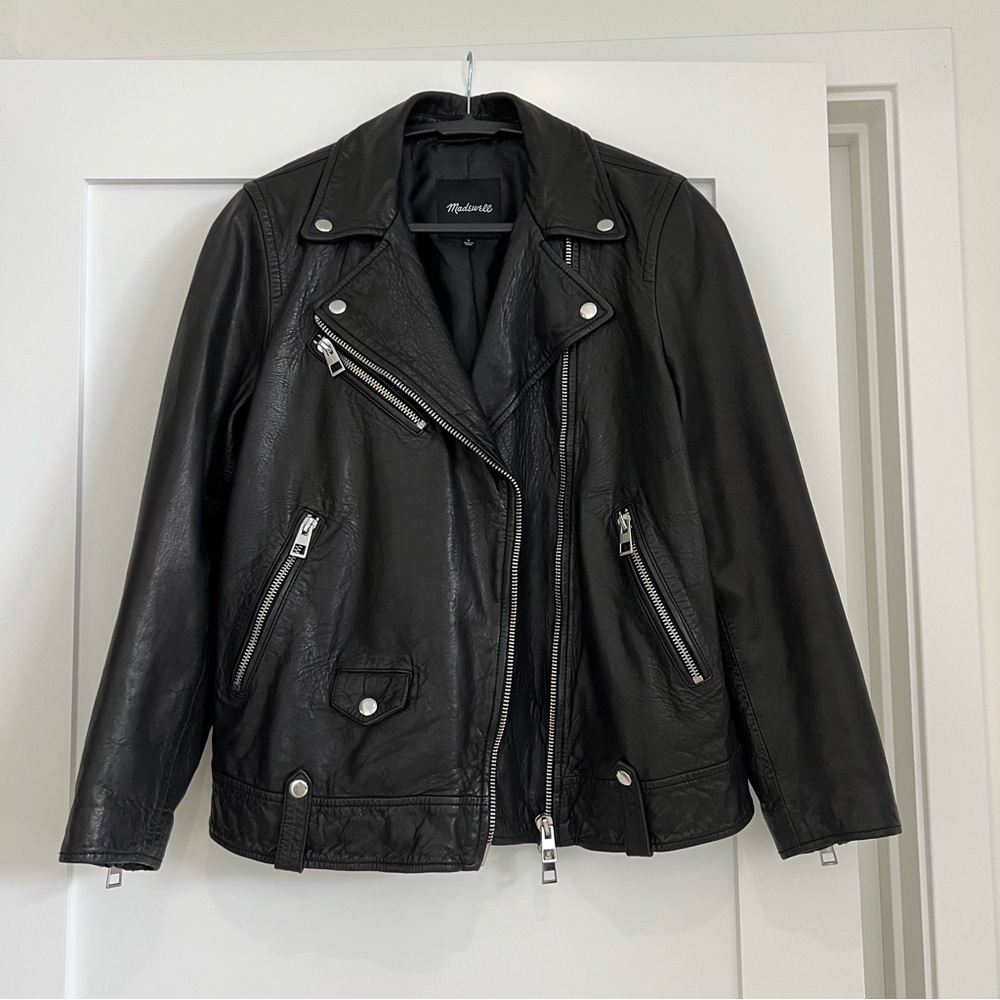 Madewell Black Washed Leather Oversized Motorcycle Jacket Size Small